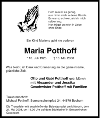 Traueranzeige von Maria Potthoff von Tageszeitung