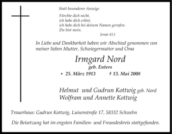 Traueranzeige von Irmgard Nord von Tageszeitung