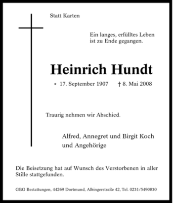 Traueranzeige von Heinrich Hundt von Tageszeitung