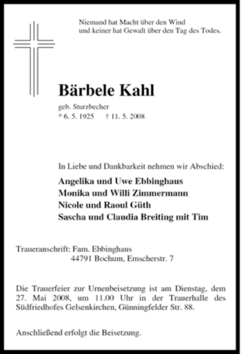 Traueranzeige von Bärbele Kahl von Tageszeitung