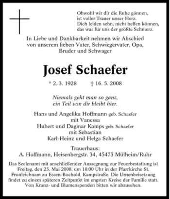 Traueranzeige von Josef Schaefer von Tageszeitung