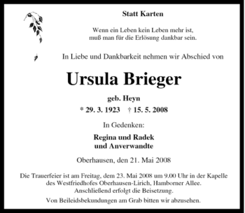 Traueranzeige von Ursula Brieger von Tageszeitung