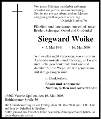 Traueranzeige von Siegward Woike von Tageszeitung