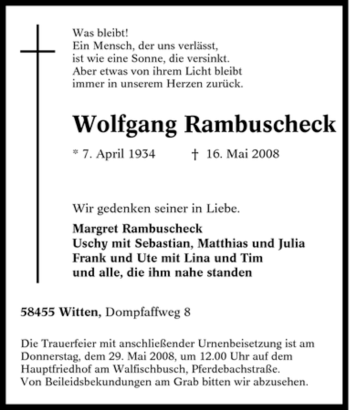 Traueranzeige von Wolfgang Rambuscheck von Tageszeitung