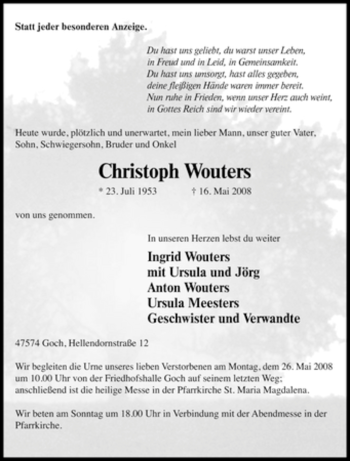 Traueranzeige von Christoph Wouters von Tageszeitung