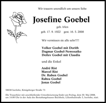 Traueranzeige von Josefine Goebel von Tageszeitung