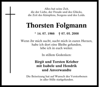 Traueranzeige von Thorsten Folgmann von Tageszeitung