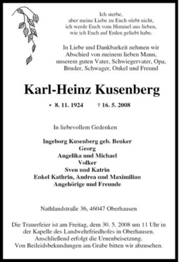 Traueranzeige von Karl-Heinz Kusenberg von Tageszeitung