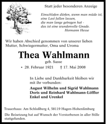 Traueranzeige von Thea Wahlmann von Tageszeitung