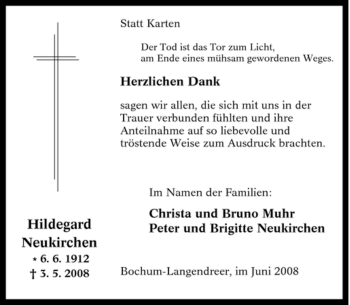 Traueranzeige von Hildegard Neukirchen von Tageszeitung