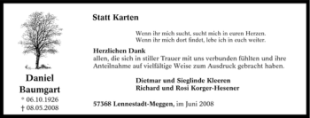 Traueranzeige von Daniel Baumgart von Tageszeitung