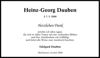 Traueranzeige von Heinz-Georg Dauben von Tageszeitung
