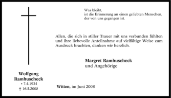 Traueranzeige von Wolfgang Rambuscheck von Tageszeitung