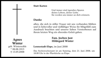 Traueranzeige von Agnes Winter von Tageszeitung
