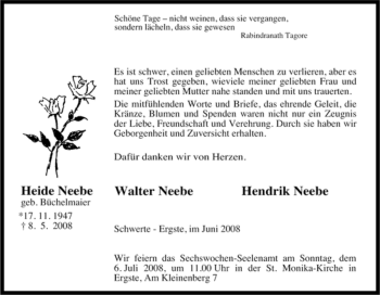 Traueranzeige von Heide Neebe von Tageszeitung