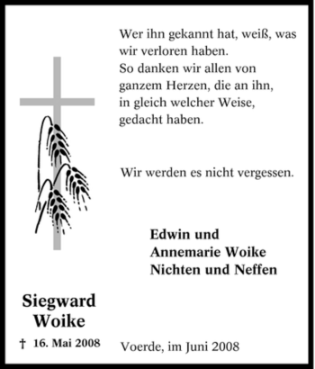 Traueranzeige von Siegward Woike von Tageszeitung