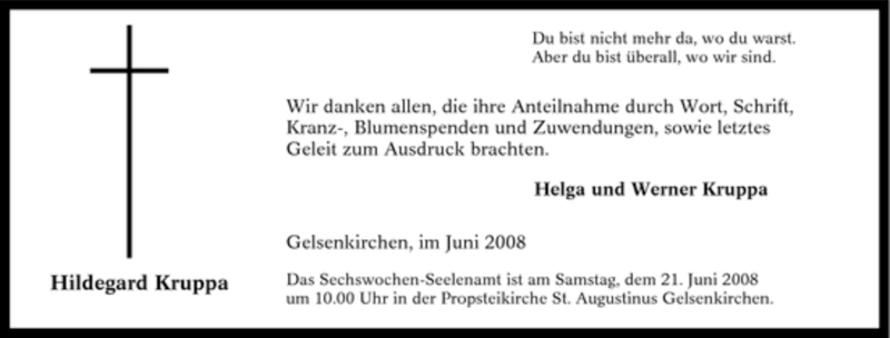  Traueranzeige für Hildegard Kruppa vom 14.06.2008 aus Tageszeitung