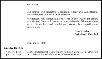 Traueranzeige von Ursula Rüther von Tageszeitung