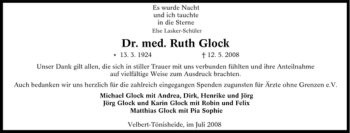 Traueranzeige von Ruth Glock von Tageszeitung
