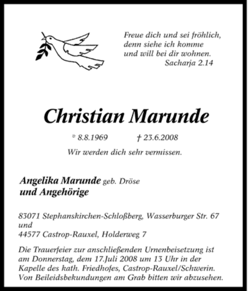  Traueranzeige für Christian Marunde vom 14.07.2008 aus Tageszeitung