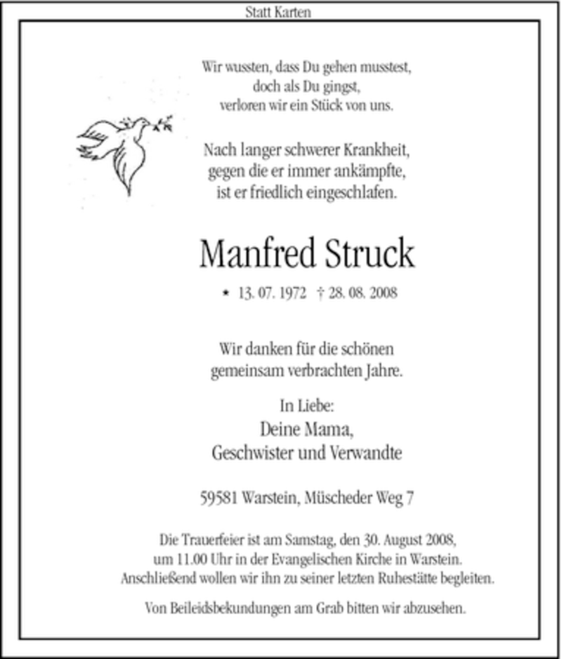  Traueranzeige für Manfred Struck vom 29.08.2008 aus Tageszeitung