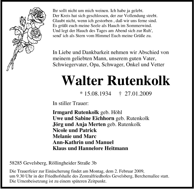  Traueranzeige für Walter Rutenkolk vom 30.01.2009 aus Tageszeitung