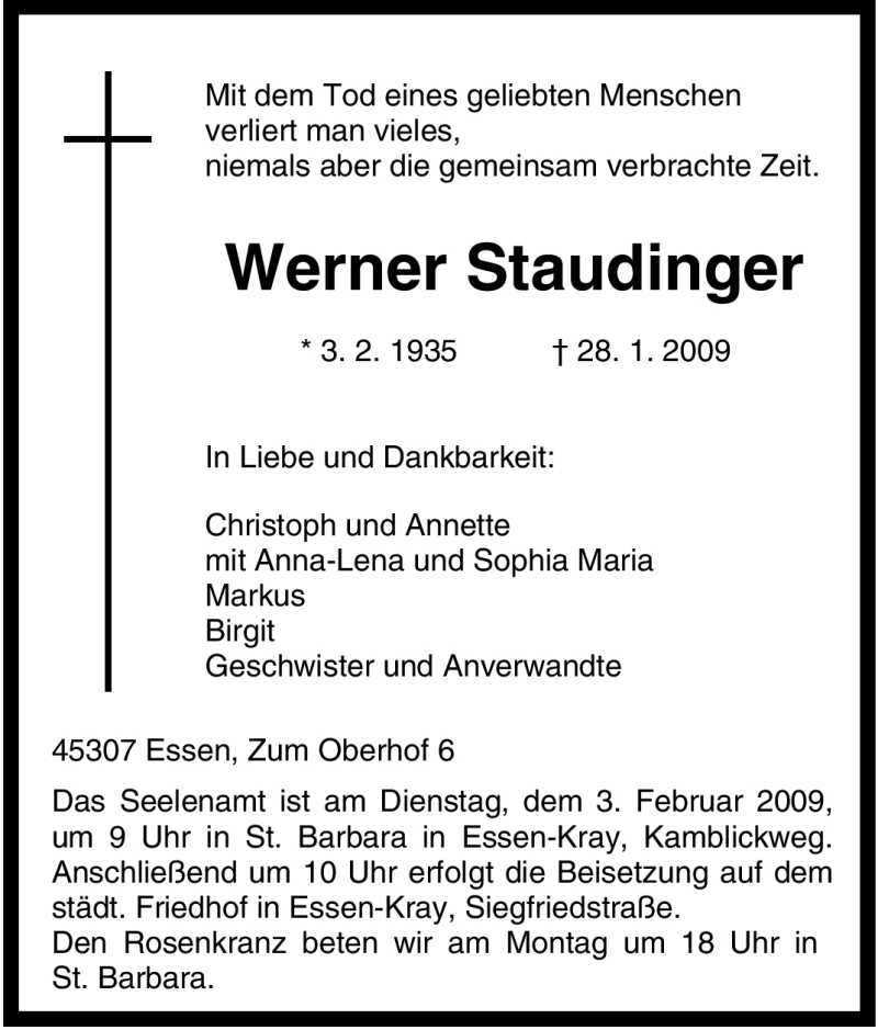  Traueranzeige für Werner Staudinger vom 30.01.2009 aus Tageszeitung