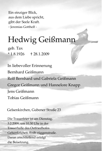Traueranzeige von Hedwig Geißmann von Tageszeitung