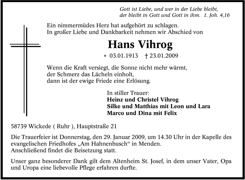  Traueranzeige für Hans Vihrog vom 26.01.2009 aus Tageszeitung
