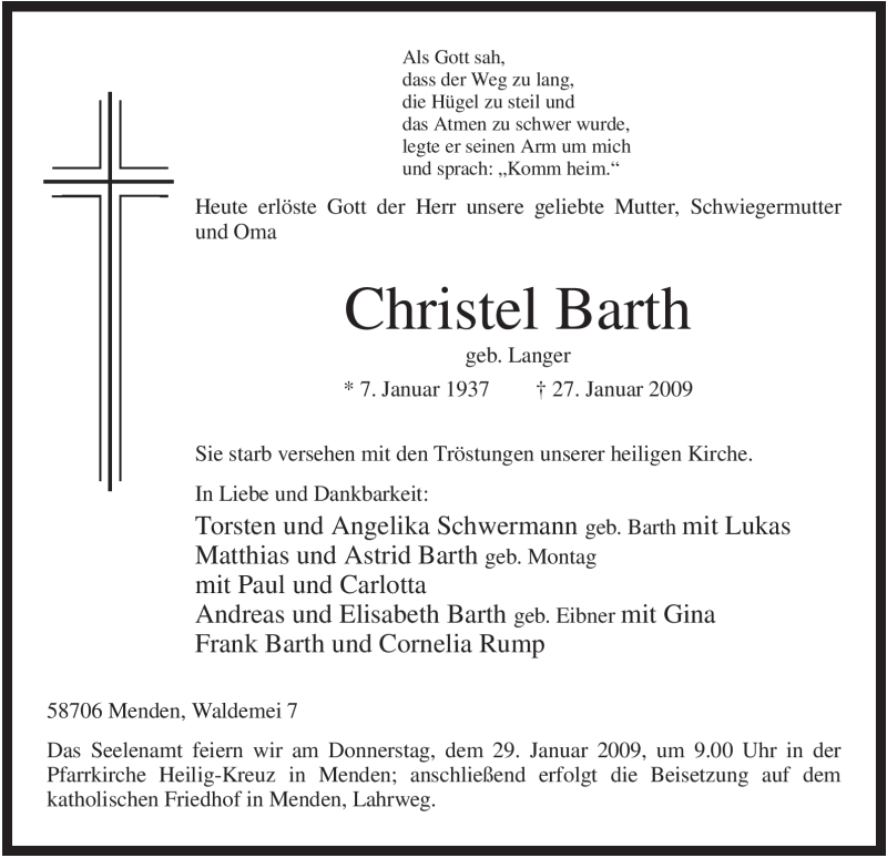  Traueranzeige für Christel Barth vom 28.01.2009 aus Tageszeitung