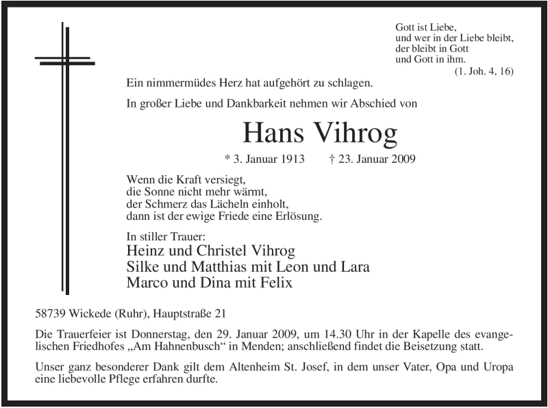  Traueranzeige für Hans Vihrog vom 26.01.2009 aus Tageszeitung