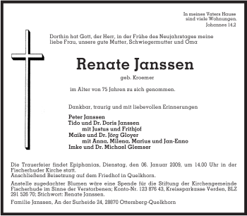 Traueranzeige von Renate Janssen von Tageszeitung