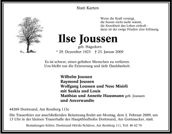 Traueranzeige von Ilse Joussen von Tageszeitung