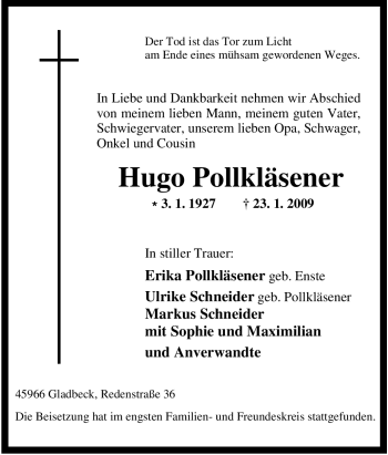 Traueranzeige von Hugo Pollkläsener von Tageszeitung