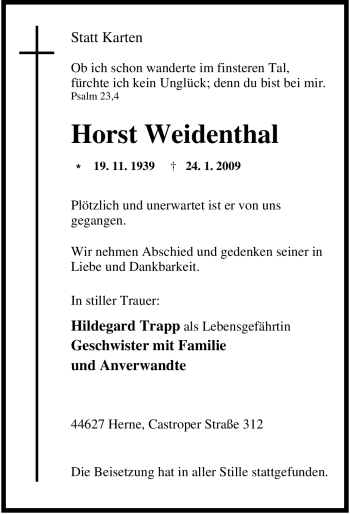 Traueranzeige von Horst Weidenthal von Tageszeitung