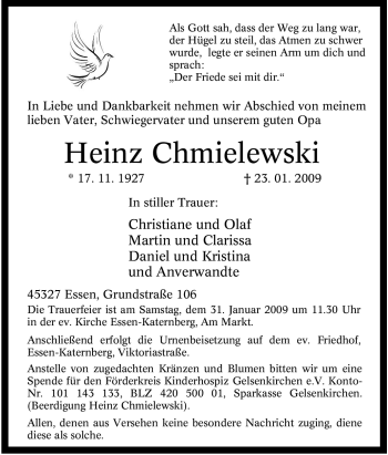 Traueranzeige von Heinz Chmielewski von Tageszeitung