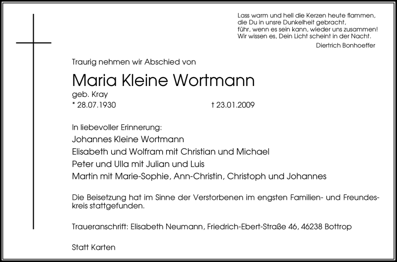  Traueranzeige für Maria Kleine Wortmann vom 28.01.2009 aus Tageszeitung