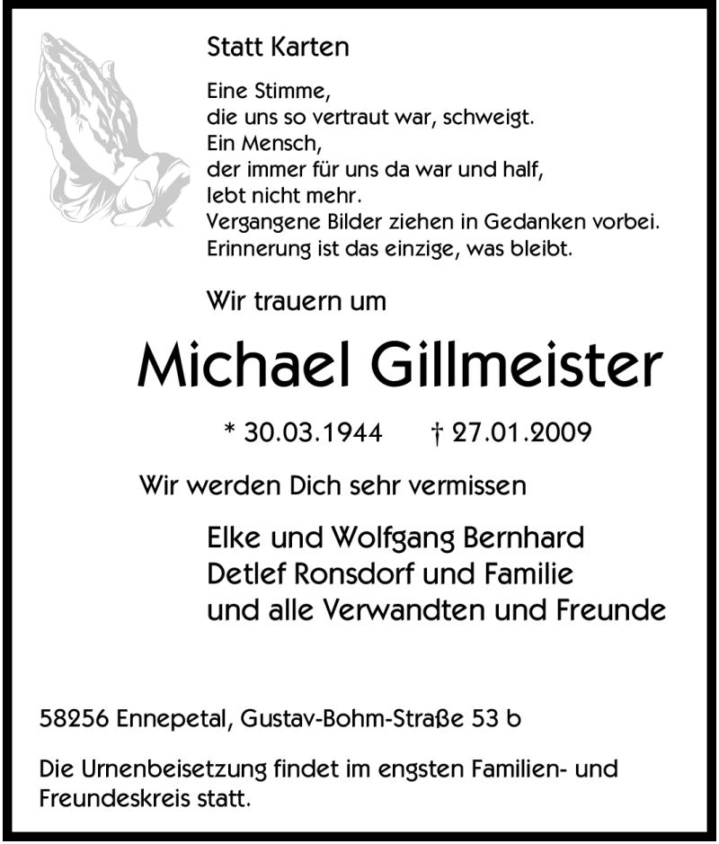  Traueranzeige für Michael Gillmeister vom 31.01.2009 aus Tageszeitung