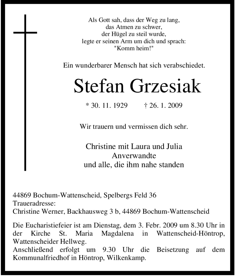  Traueranzeige für Stefan Grzesiak vom 30.01.2009 aus Tageszeitung