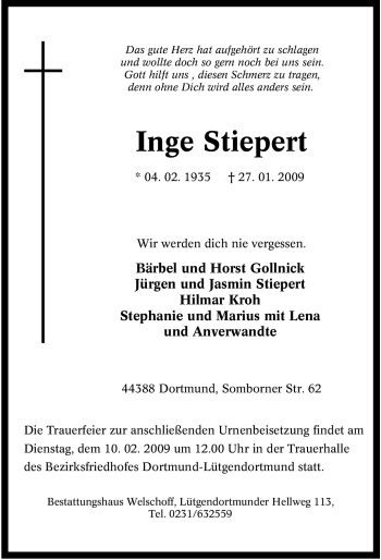 Traueranzeige von Inge Stiepert von Tageszeitung