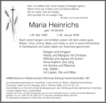 Traueranzeige von Maria Heinrichs von Tageszeitung