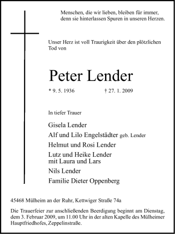 Traueranzeige von Peter Lender von Tageszeitung