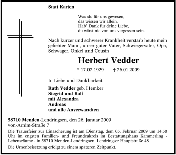Traueranzeige von Herbert Vedder von Tageszeitung