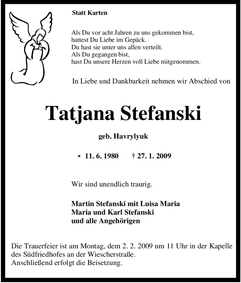  Traueranzeige für Tatjana Stefanski vom 30.01.2009 aus Tageszeitung