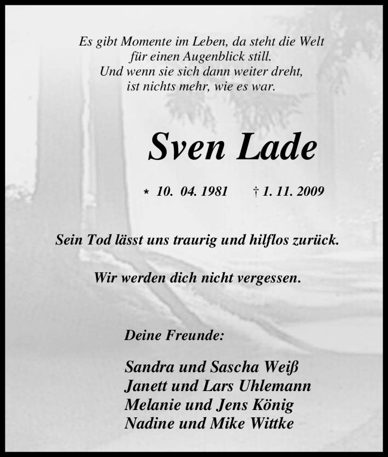  Traueranzeige für Sven Lade vom 12.11.2009 aus Tageszeitung