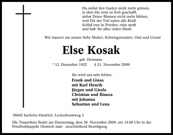 Traueranzeige von Else Kosak von Tageszeitung