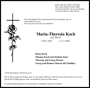 Traueranzeige von Maria-Theresia Koch von Tageszeitung