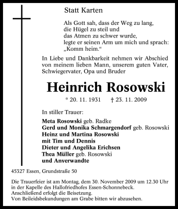 Traueranzeige von Heinrich Rosowski von Tageszeitung