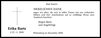 Traueranzeige von Erika Bartz von Tageszeitung