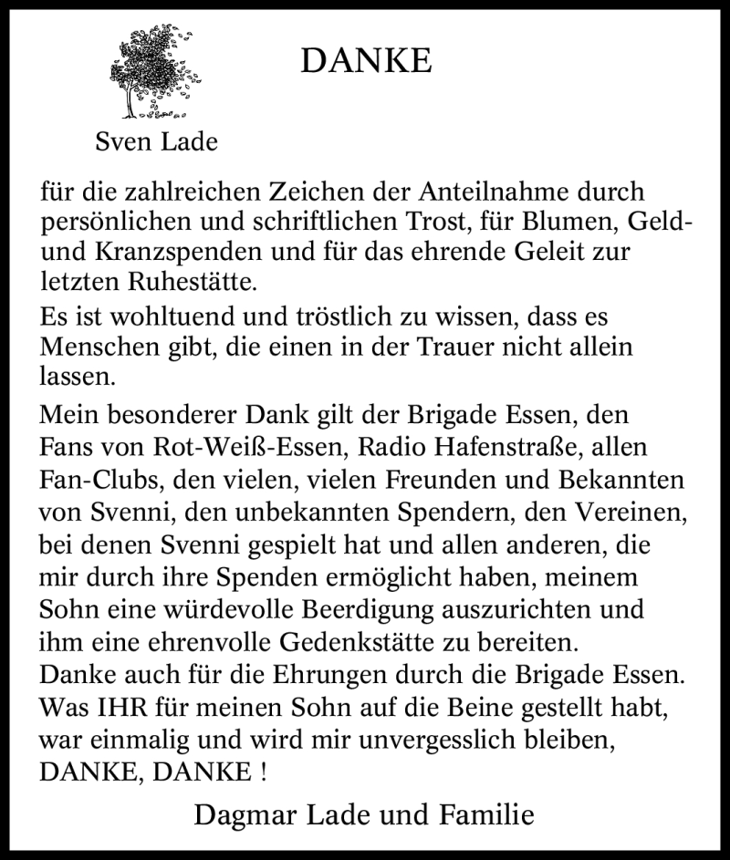  Traueranzeige für Sven Lade vom 03.12.2009 aus Tageszeitung